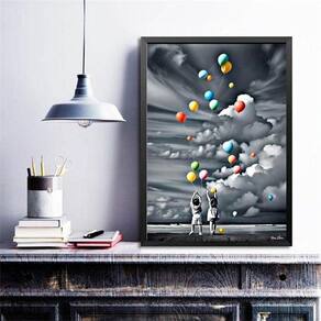 Quadro Decorativo Crianças Balões Coloridos 45X34Cm - Vidro