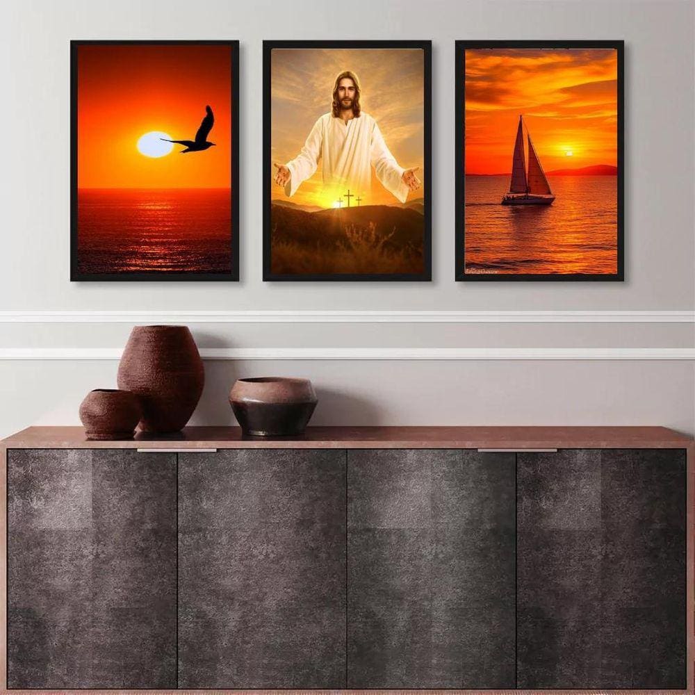 Kit 3 Quadros Evangélicos Jesus Por Do Sol 24X18Cm