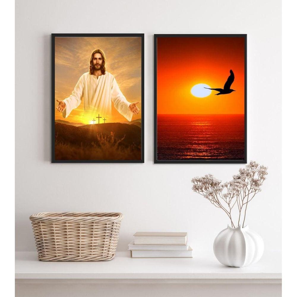 Kit 2 Quadros Evangélicos Jesus Por Do Sol 45X34Cm - Vidro