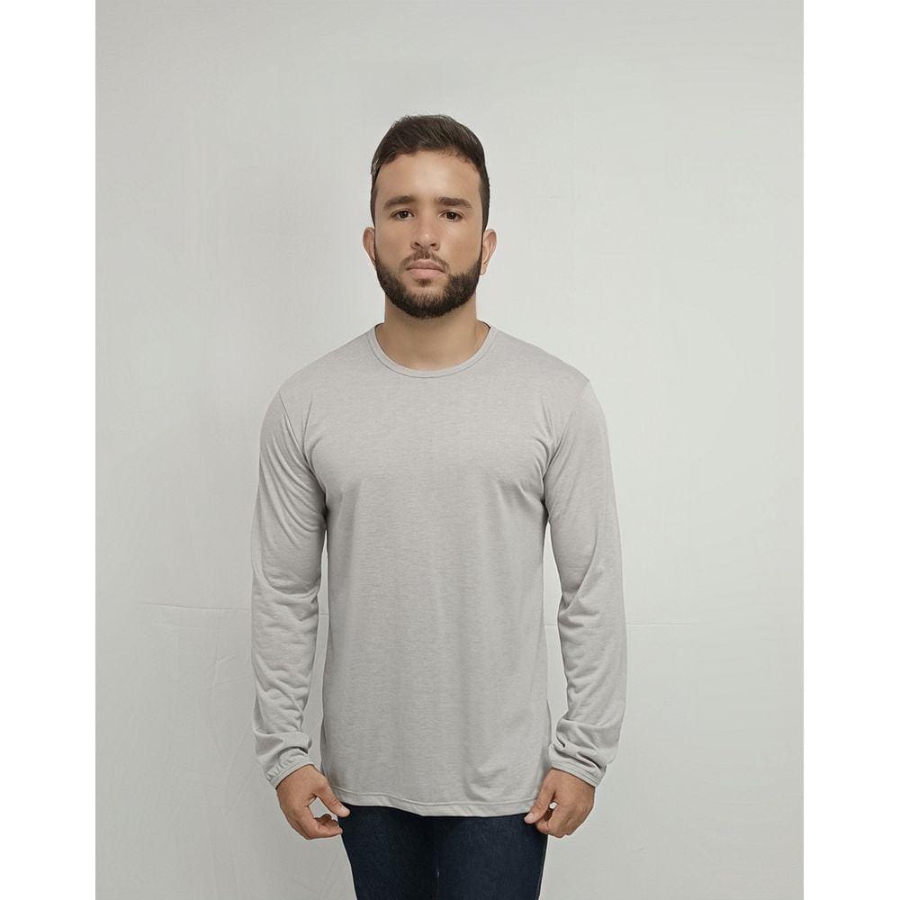 Camisa Profissional Masculina Gola Careca Manga Longa em Malha PV - Cinza
