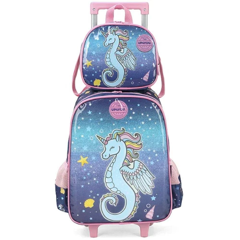 Mochila UP4YOU Rodinhas Unicórnio Marinho + Lancheira Luxcel