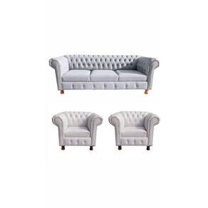 Um Sofá Luiz XV 2,00cm + Duas Poltronas Chesterfield Luiz XV Corano Branco