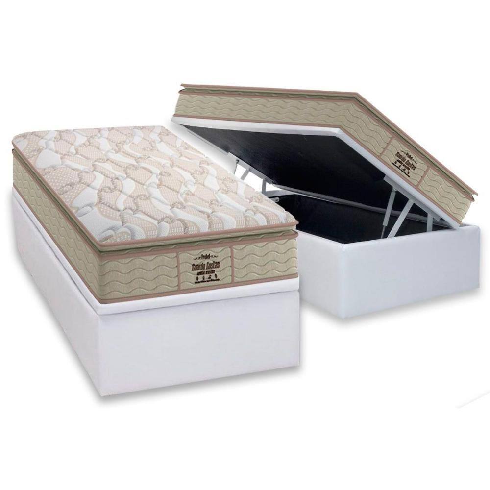 Cama Box Baú Solteiro: Colchão Anatômico Probel D33 / AG65 Guarda Costas Extreme Resistence Pillow Top + Base CRC Courano White(88x188)