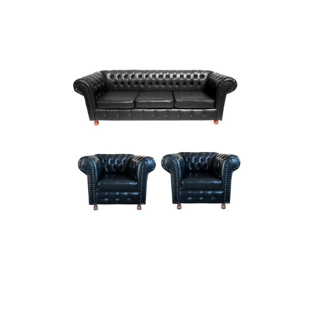 Um Sofá Luiz XV 230cm + Duas Poltronas Luiz XV Corano Preto
