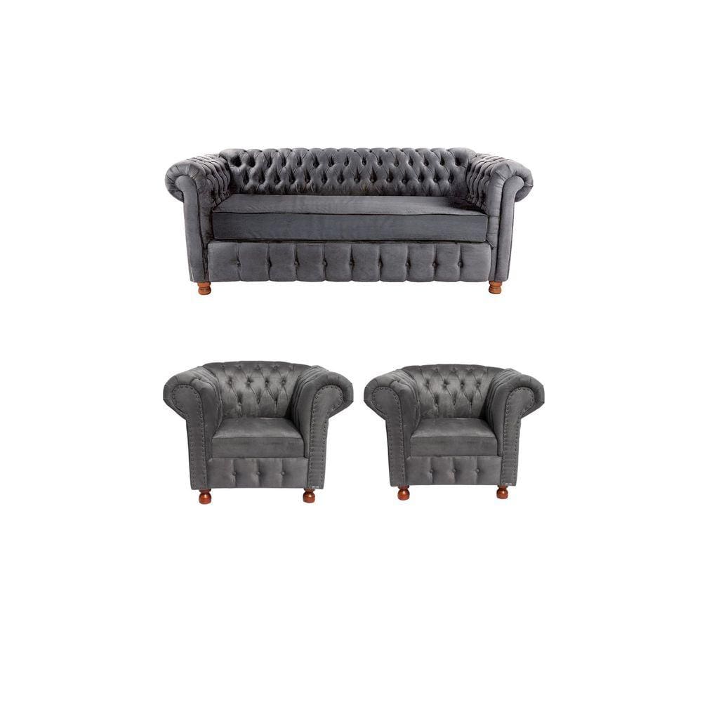 Um Sofá 2M + Duas Poltronas Chesterfield Luiz XV Suede Cinza Camuça /barbearia, casa, decoração,recepção, sala, escritorio