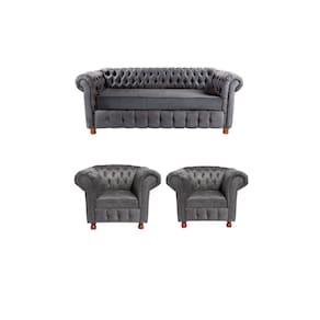Um Sofá 230M + Duas Poltronas Chesterfield Luiz XV Suede Cinza Camuça /barbearia, casa, decoração,recepção, sala, escritorio