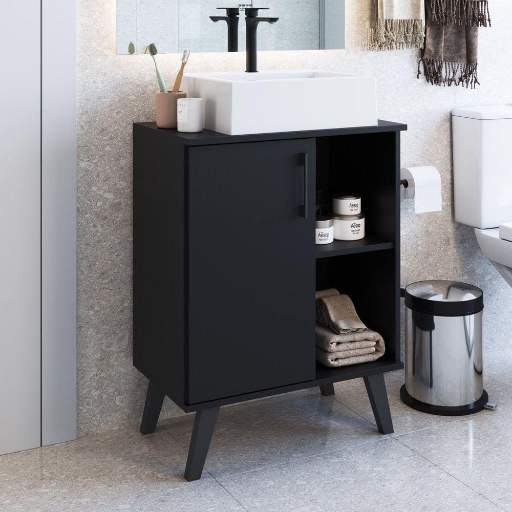 Gabinete para Banheiro 60cm com 1 Porta e 2 Prateleiras Ba305 sem Cuba Preto