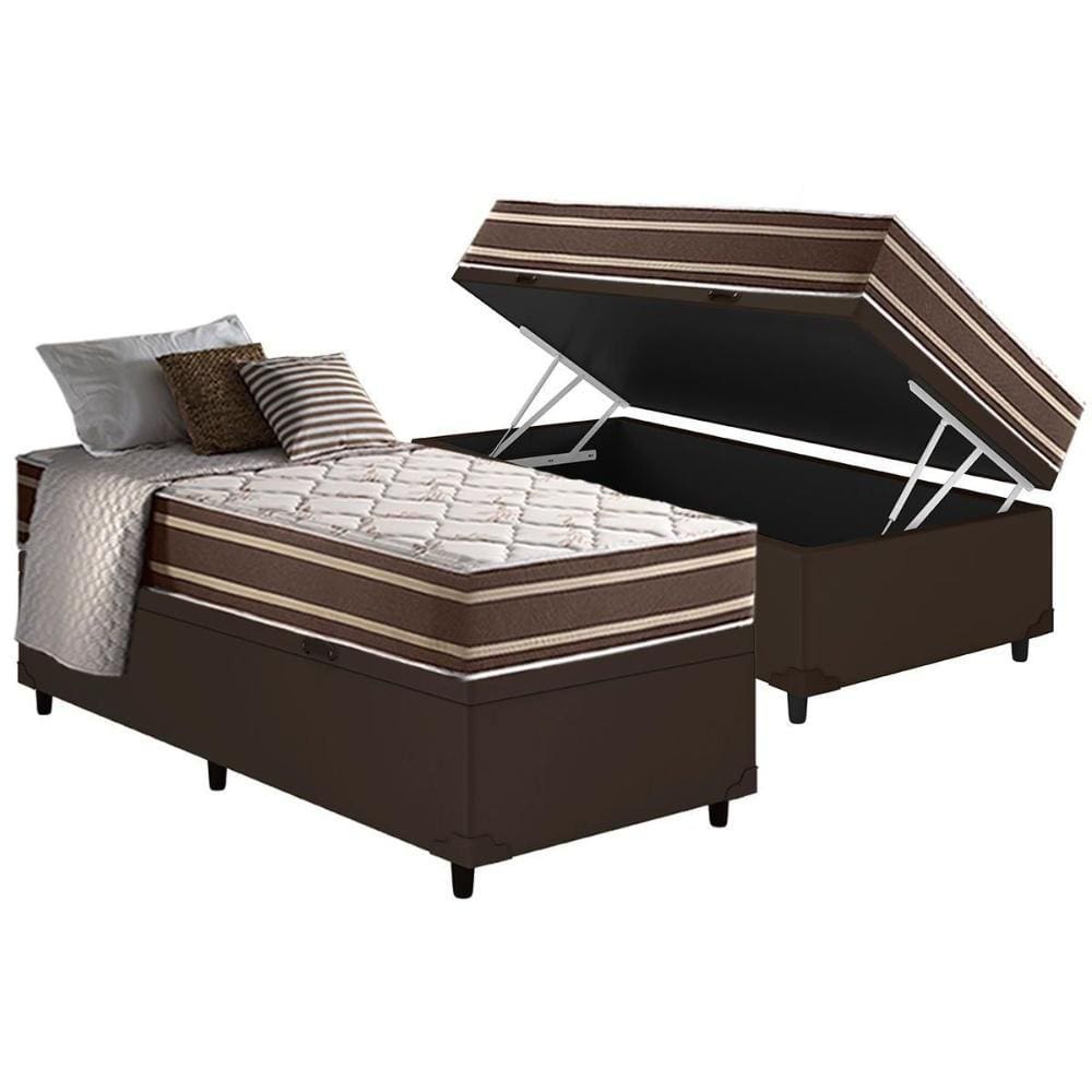 Conjunto Box Baú Solteiro: Colchão Molas Anjos Duo Sono MasterPocket+Base Courano Brown(88x188)