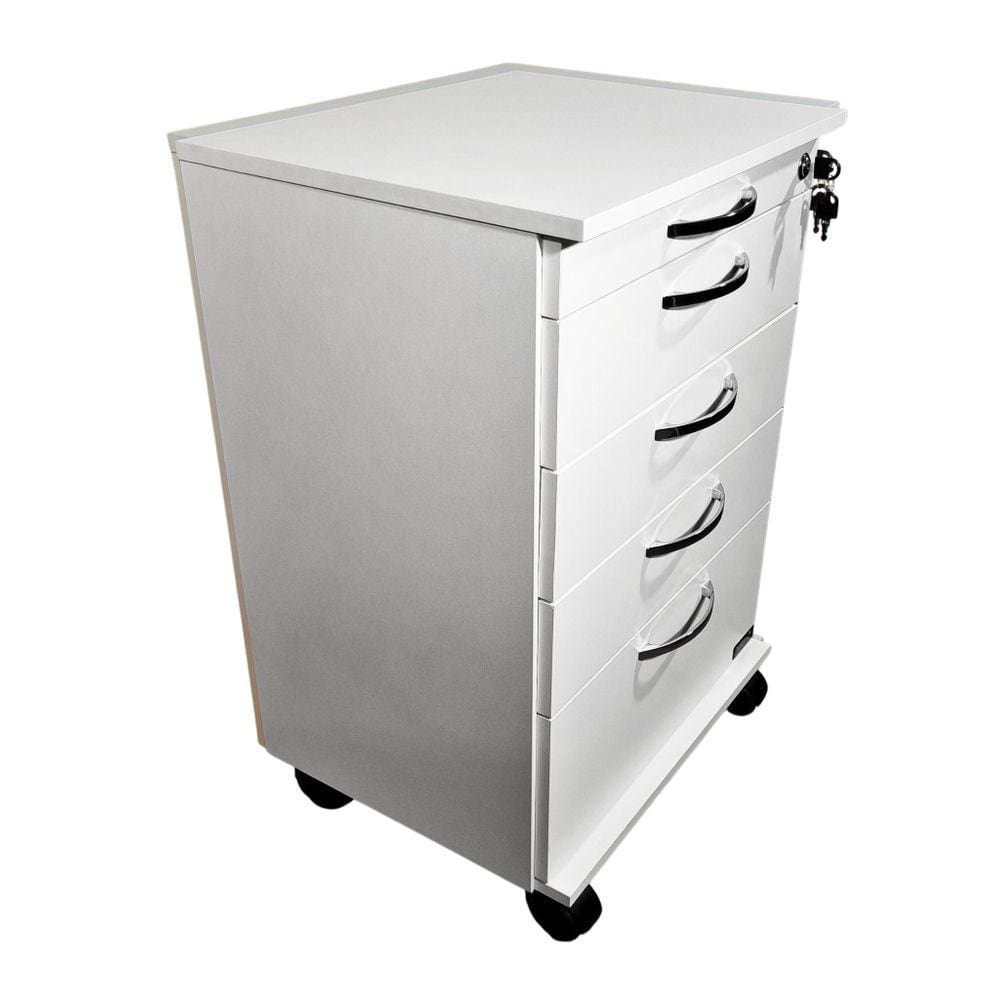 Prime Mesa Auxiliar Branca: 4 Gavetas + Rodinhas + Tranca