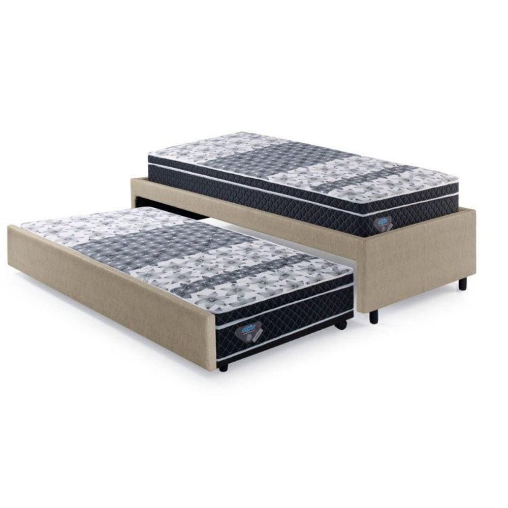 Bicama Box Solteirão 96x203 Cm Courino com Dois Colchões Gran Sleep Molas Verticoil Ecoflex Bege/Preto