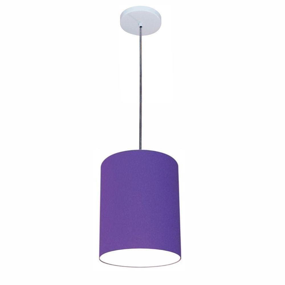 Luminária Pendente Md-4102 Cúpula Em Tecido Cor Roxo Cor Da Canopla Branca E Fio Transparente