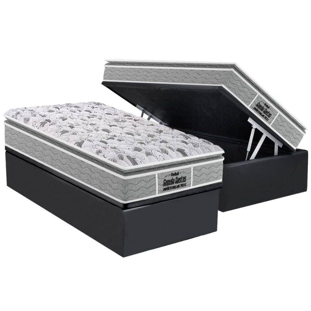 Cama Box Baú Solteiro: Colchão Anatômico Probel D45 / EP Guarda Costas PróExtreme Plus Pillow Top + Base CRC Suede Gray(88x188)