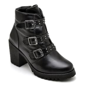 Bota Coturno Feminina Couro Fívela Cano Médio Estilo Moda