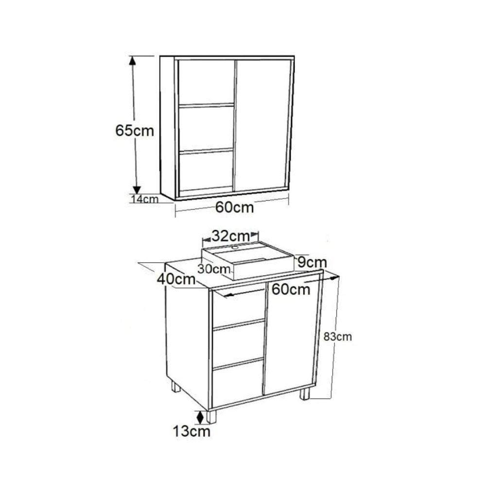 Gabinete de Banheiro 60cm Julia com Balcão 1 Porta Correr e Espelheira com Cuba Preta Grafite