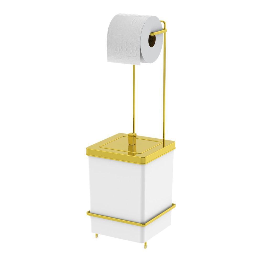Suporte Porta Papel Higiênico Com Lixeira Quadrada 6,5 Litros De Banheiro Branco Dourado - 1632BCD Future