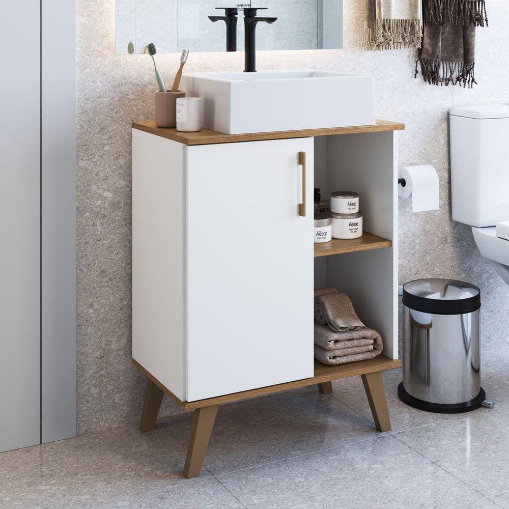 Gabinete para Banheiro 60cm com 1 Porta e 2 Prateleiras Ba305 sem Cuba Branco/Mel