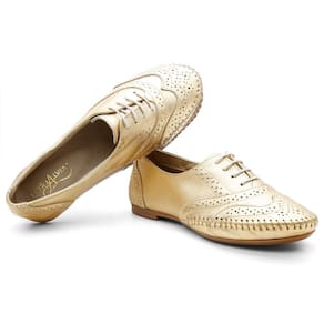 Sapato Oxford Couro Feminino Brogue Metalizado Leve Conforto