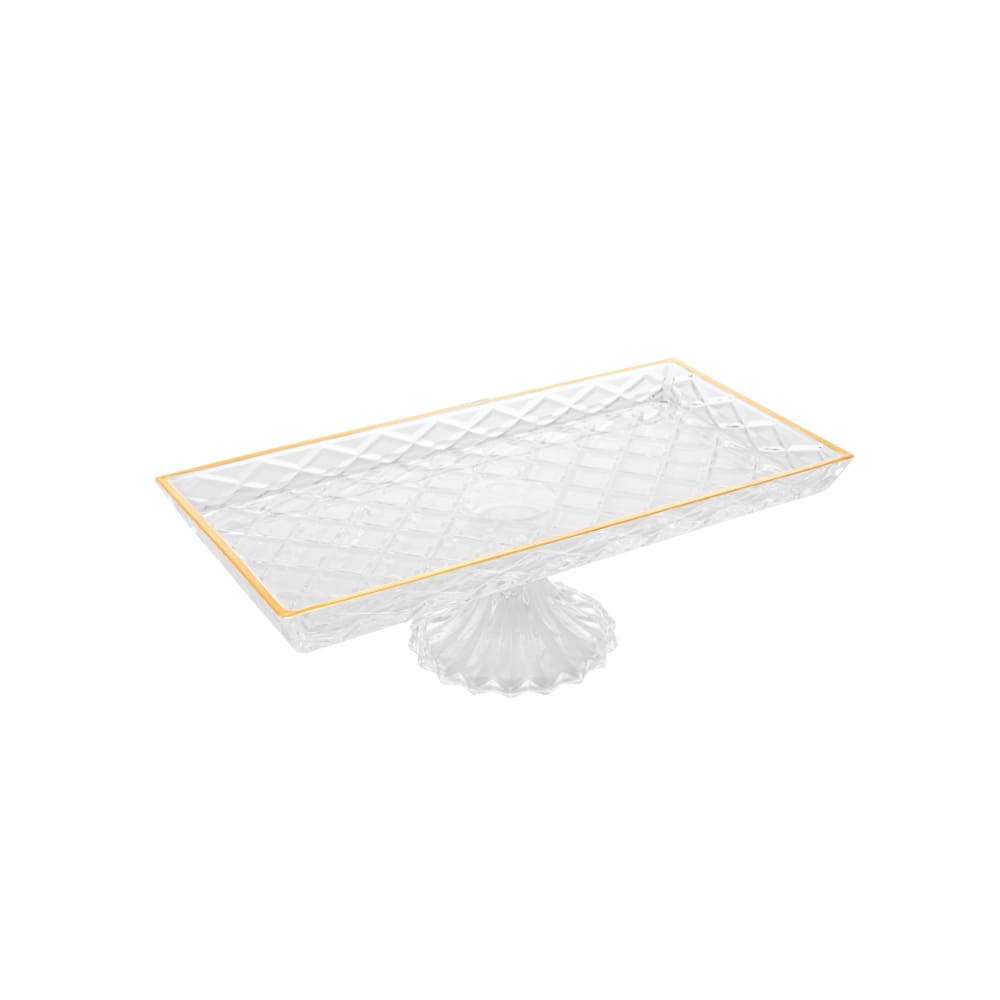 Travessa para Servir de Cristal com Pé e Fio de Ouro Diamond 34,5cm x 18,5cm x 11,5cm - Lyor