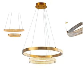 Luminaria Pendente Lustre Arco 2 Aneis Dourado Cristal Led 52w Moderno Sala De Estar Casa Recepçao