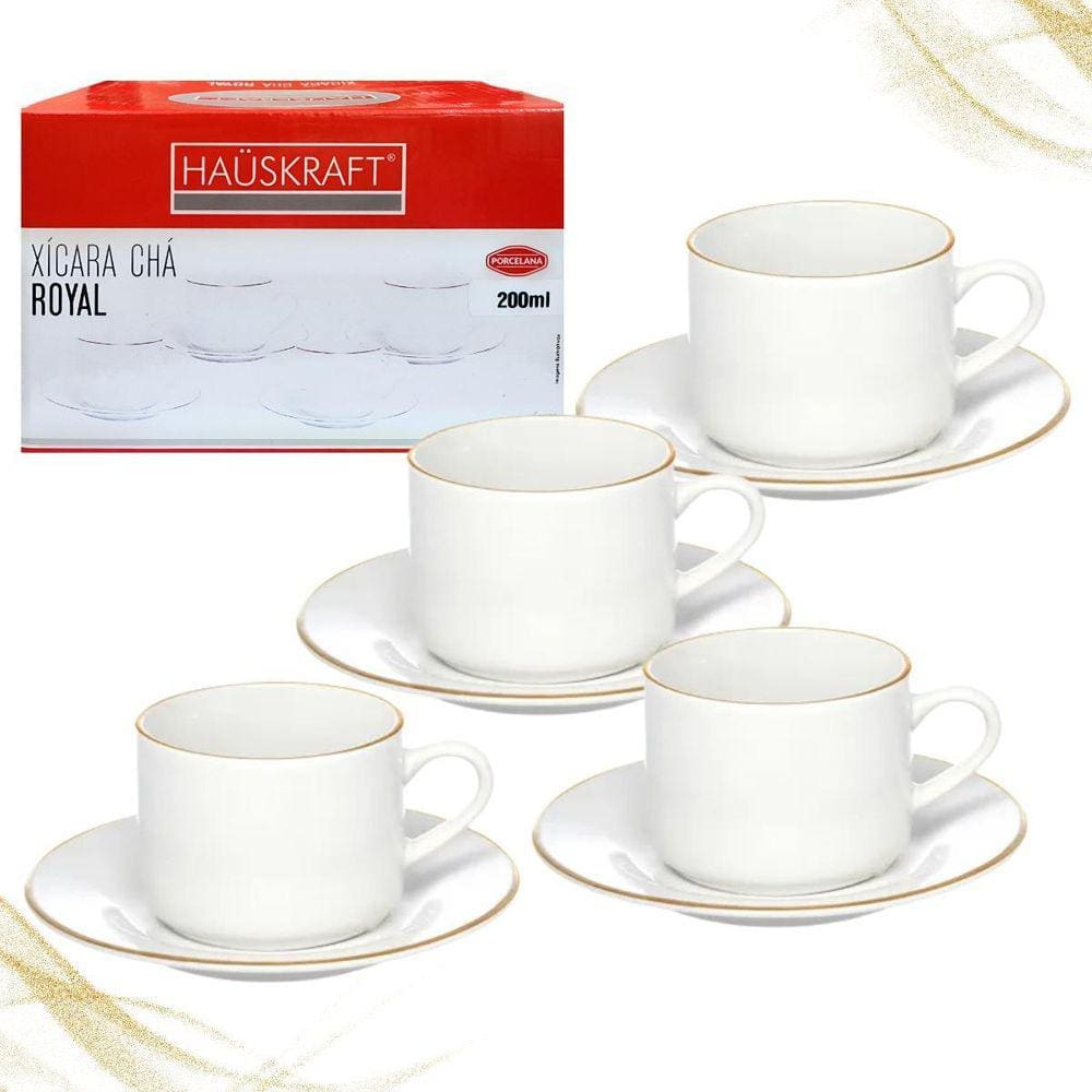 Jogo 4 Xícaras Com Pires Em Porcelana Branca Borda Dourada