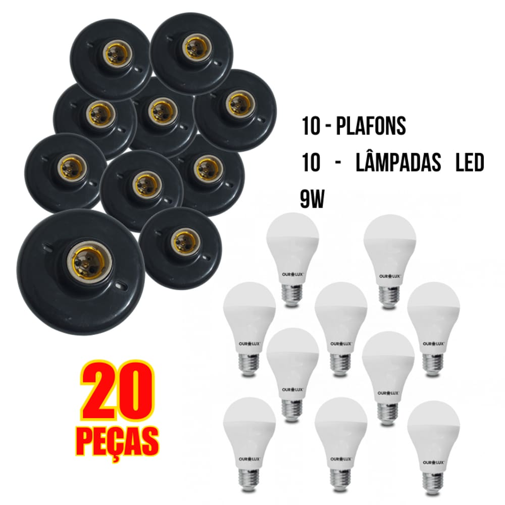 Kit 10 Plafon Simples Preto + 10 Lâmpada 9W
