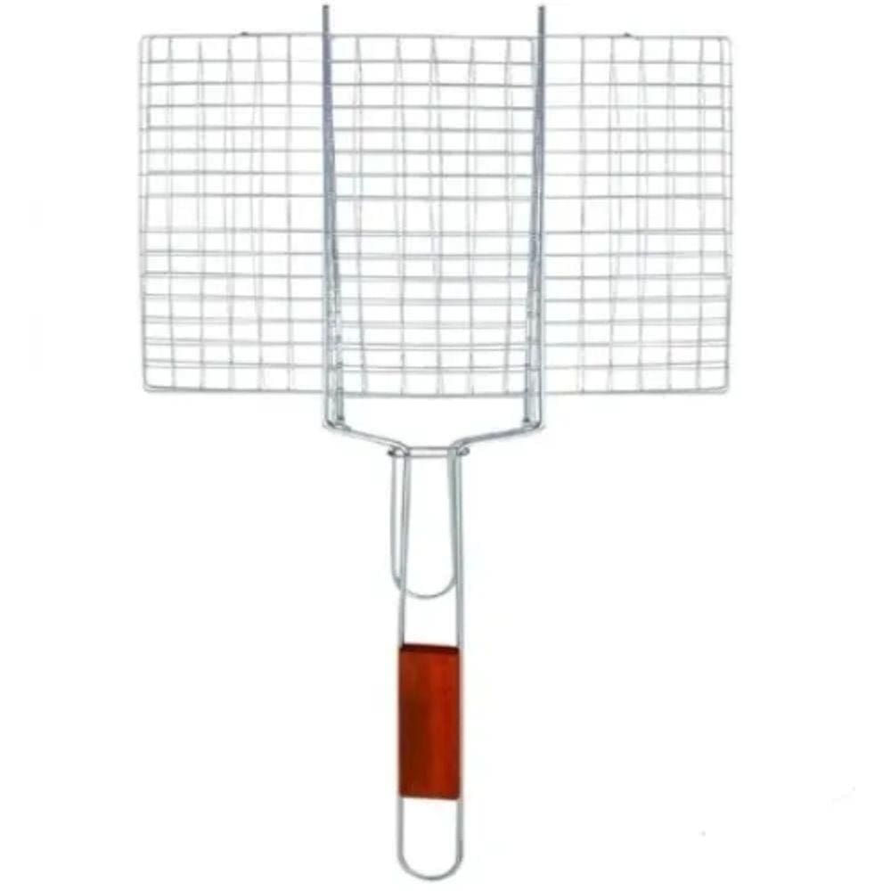 Grelha Dupla Para Churrasco Em Ferro Com Cabo De Madeira, 34X56cm