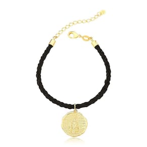 Pulseira De Couro Trançado Nossa Sra. Aparecida/cruz Revestida Em Ouro Tamanho 20cm