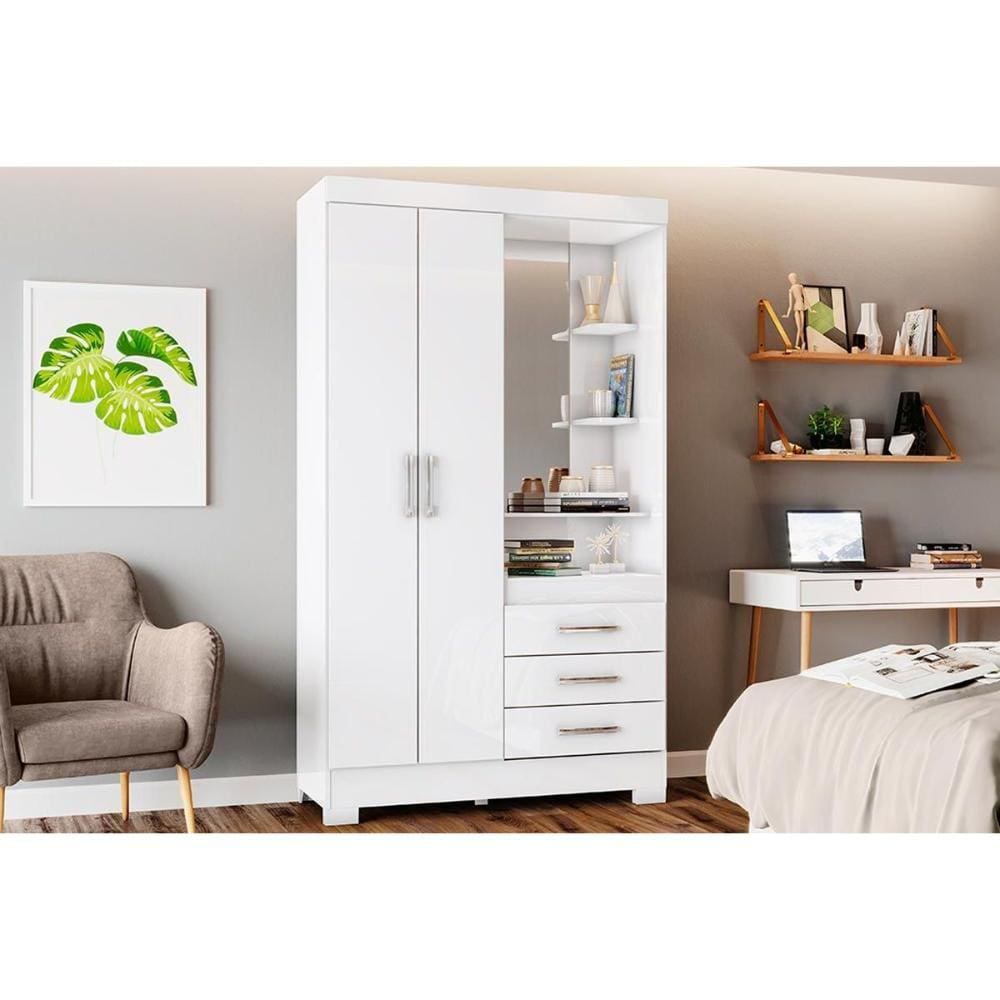 Guarda Roupa Solteiro 2 Portas e 3 Gavetas c/ Espelho e Pés Briz B64 Branco - Henn