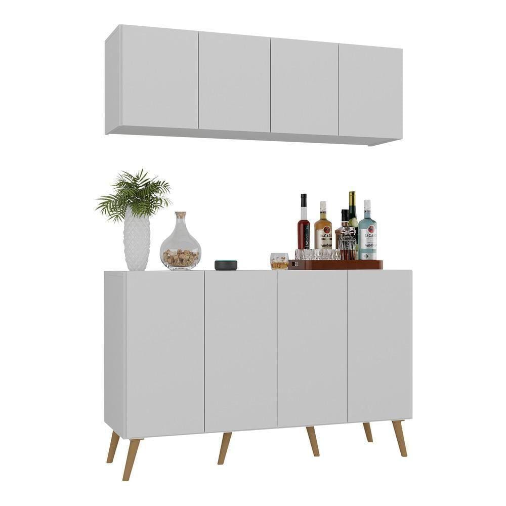 Kit Bar Armário Aéreo E Aparador 4 Portas Retrô Multimóveis Mp1086 Branco/natural Branco/natural