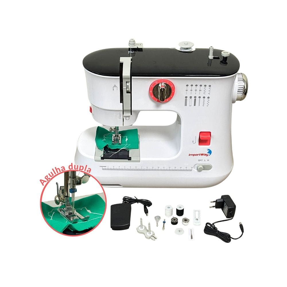 Máquina De Costura Portátil Importway Bivolt Agulha Dupla Com Acessórios