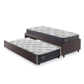 Bicama Box Solteiro 88x188cm Courino com Dois Colchões Adapto Molas Ensacadas Ecoflex Marrom/Cinza