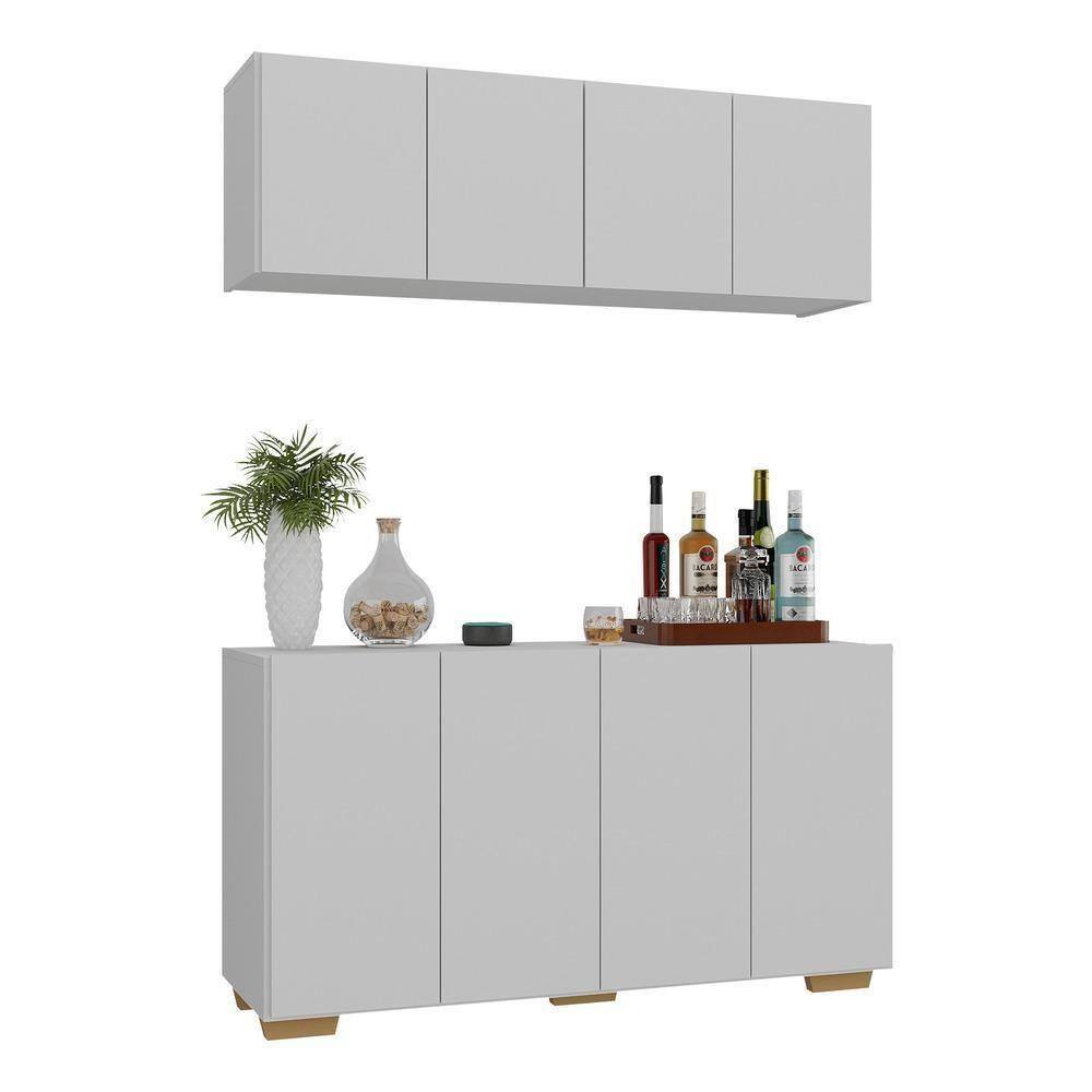 Kit Bar Armário Aéreo E Aparador 4 Portas Multimóveis Mp1087 Branco/natural Branco/natural