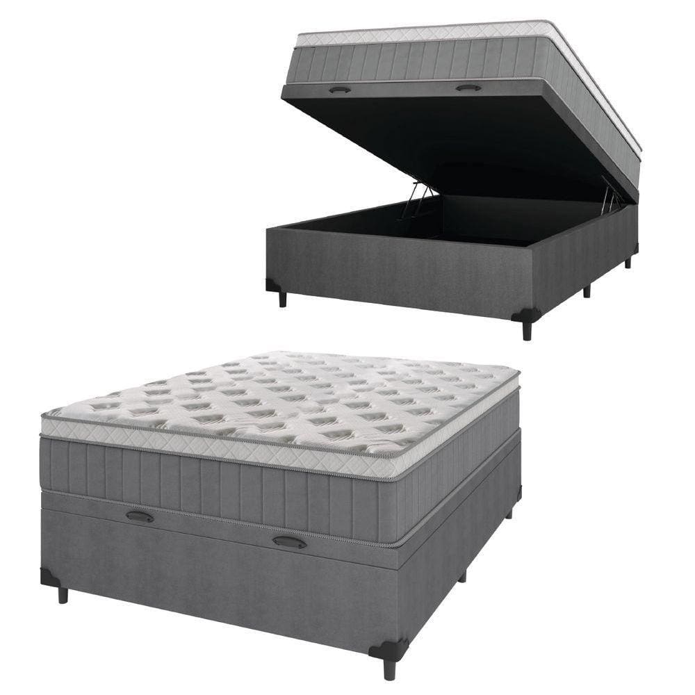 Cama Box Baú Casal Colchão Molas Ensacadas ômega 138x188x73cm Cinza / Branco