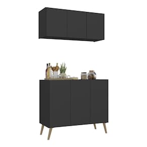 Kit Armário De Cozinha Aéreo E Balcão 3 Portas Retrô Multimóveis Mp2168 Preto/natural Preto/natural