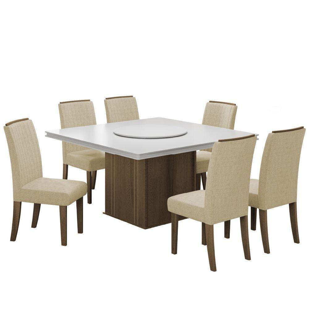 Conjunto De Mesa Sala De Jantar Com Tampo Giratório Amesterdã 1,36m 6 Cadeiras Grécia Cedro/Off Whit