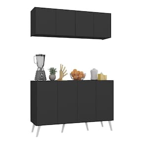 Kit Armário De Cozinha Aéreo E Balcão 4 Portas Retrô Multimóveis Mp2170 Preto/branco Preto/branco