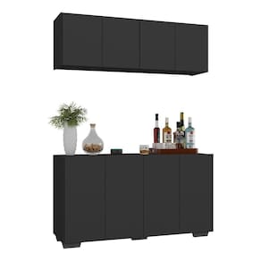 Kit Bar Armário Aéreo E Aparador 4 Portas Multimóveis Mp1087 Preto Preto