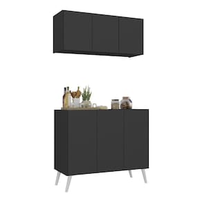 Kit Armário De Cozinha Aéreo E Balcão 3 Portas Retrô Multimóveis Mp2168 Preto/branco Preto/branco
