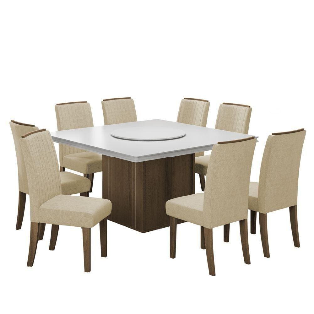 Conjunto De Mesa Sala De Jantar Com Tampo Giratório Amesterdã 1,36m 8 Cadeiras Grécia Cedro / Off Wh
