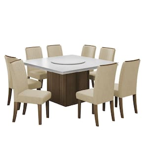 Conjunto De Mesa Sala De Jantar Com Tampo Giratório Amesterdã 1,36m 8 Cadeiras Grécia Cedro / Off Wh