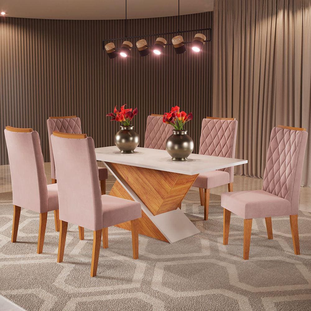 Mesa de Jantar 6 Lugares Poliana Marrom/Blonde/Veludo Rosa - Viero Móveis