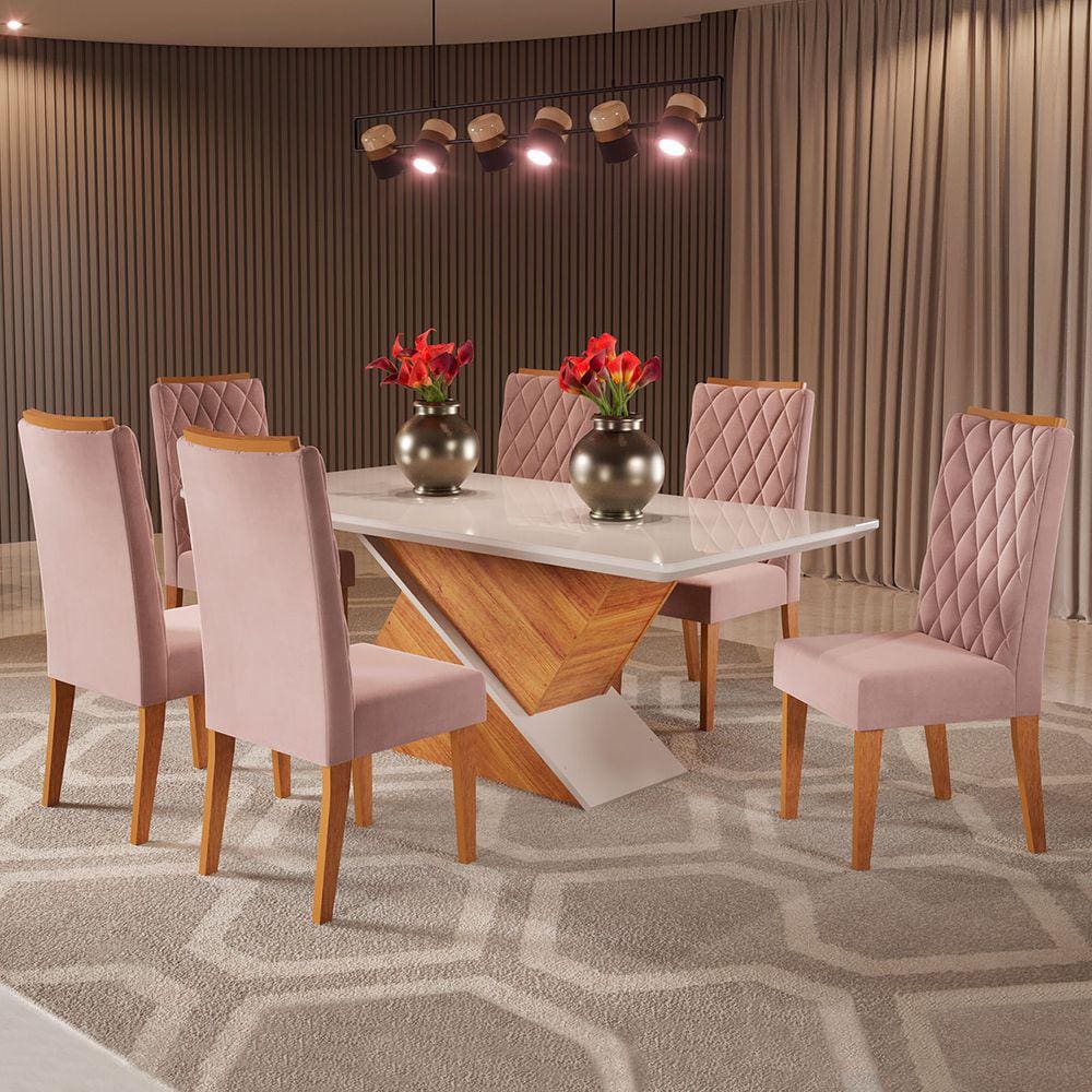 Mesa de Jantar 6 Lugares Mira Marrom/Veludo Rosa/Off White - Viero Móveis