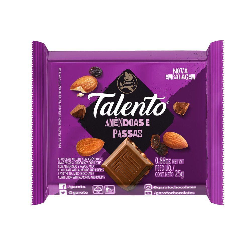 Chocolate Garoto Talento Amêndoas e Uvas Passas 25g