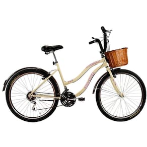 Bicicleta Retrô Vintage Aro 26 18v Feminina Beach Bege com Cestinha