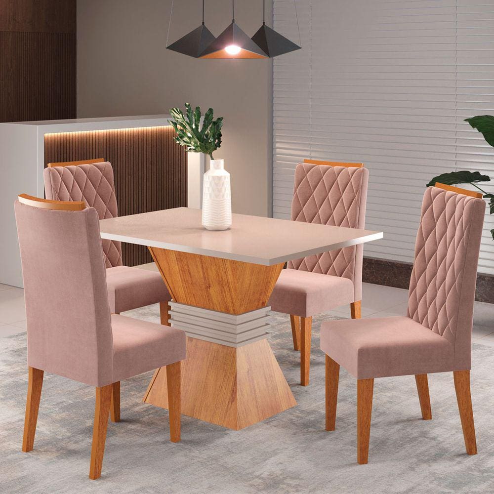Mesa de Jantar 4 Lugares Cansas Marrom/Blonde/Veludo Rosa - Viero Móveis