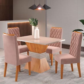 Mesa de Jantar 4 Lugares Cansas Marrom/Blonde/Veludo Rosa - Viero Móveis