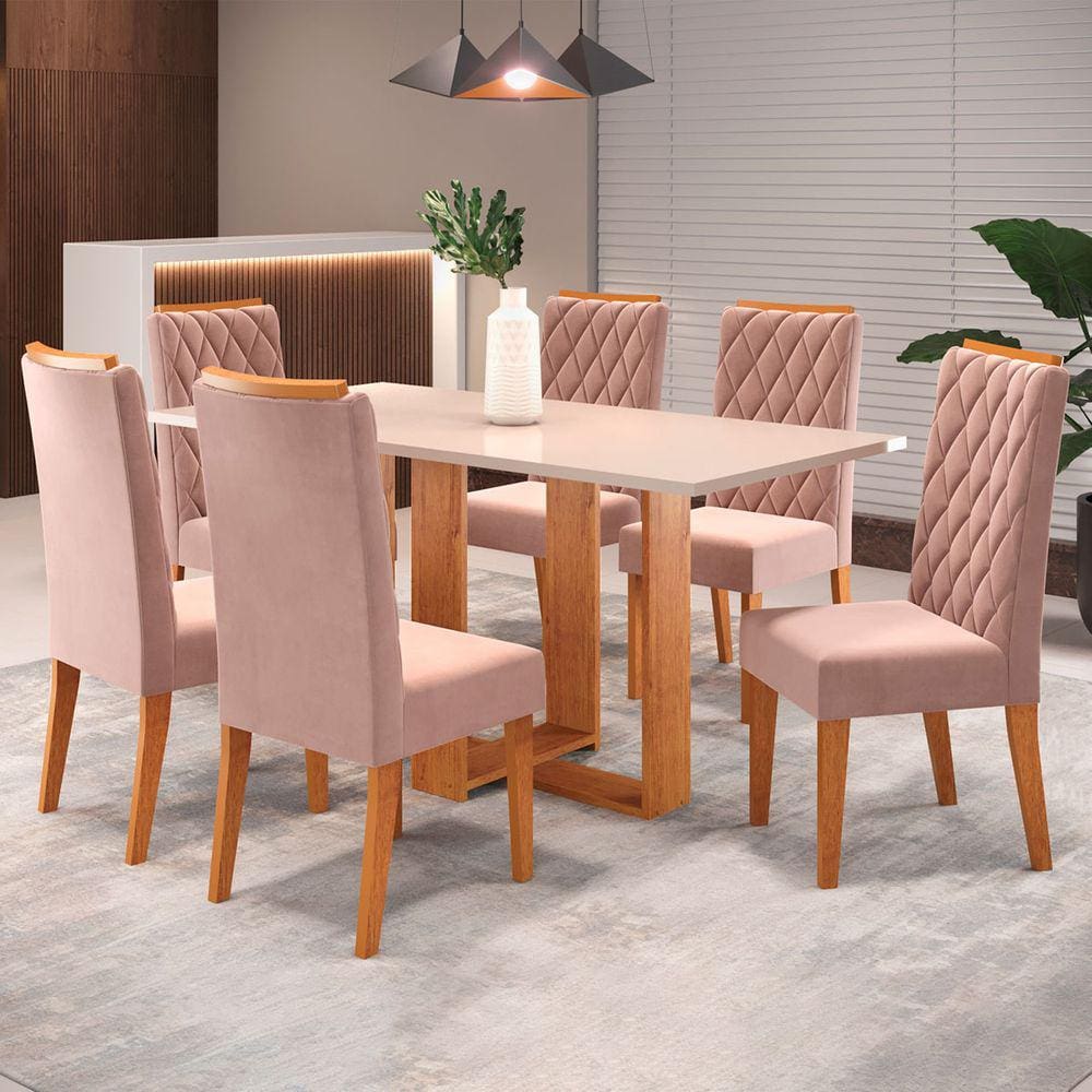 Mesa de Jantar 6 Lugares San Diego Marrom/Blonde/Veludo Rosa - Viero Móveis