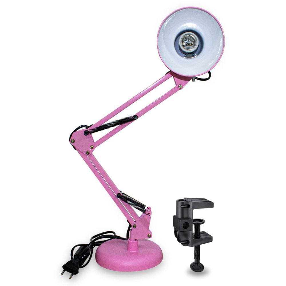 Luminária E27 Abajur Articulável Com Base e Garra Mesa Rosa