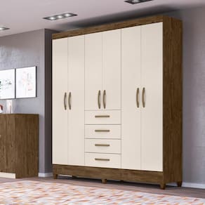 Guarda Roupa Casal 6 portas com 4 gavetas New Avaí - Castanho Wood / Baunilha