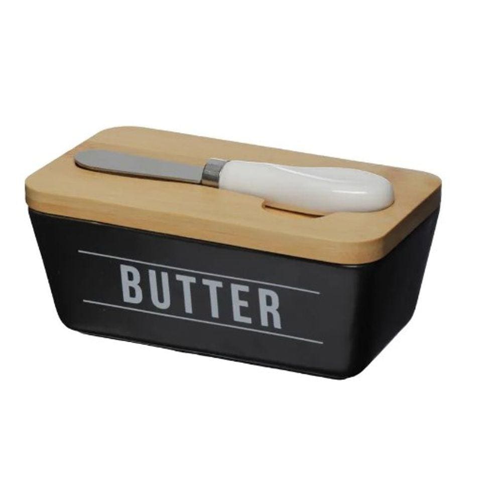 Mantegueira Manhattan Preta com Tampa e Faca em Porcelana/Bambu 15cm x 8,5cm x 7cm 400ml - Hauskraft
